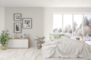 Stylish bedroom in white color with winter landscape in window. Scandinavian interior design. 3D illustration