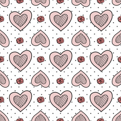 Seamless pattern of cute pink hearts with roses on a white background with dots. Nice, funny drawing. Vector.