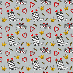 Seamless pattern with gifts and hearts on a gray background. In the style of stickers. Modern background. Nice, funny drawing. Vector.