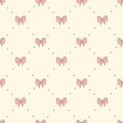 Seamless pattern with small bows. Classic pattern pink bows light background. Nice, funny drawing. Vector.