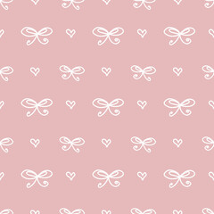 Seamless pattern with small bows and hearts. White ones on a pink background. Nice, funny drawing. Vector.