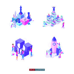 Trendy flat illustration set. Teamwork metaphor concept. Office workers planing business mechanism, analyze business strategy and exchange ideas. Template for your design works. Vector graphics.