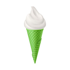 Soft Ice Cream in Green Waffle Cone. Street Fast Food, Sweet Milky Dessert Creative illustration Isolated on White
