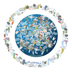 The problem of pollution of the planet. Space debris. The garbage, plastic, bags on the planet isolated on white background. The concept of ecology and the World Cleanup Day.