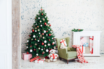 Pine Christmas tree with gifts decor garland interior new year