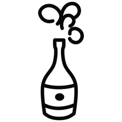 Line bottle with open champagne on a white background. Festive alcohol in vector format. Badge for menu, drink labels, applications, banners.