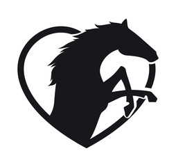 Vector black sticker silhouette of horse in heart. Isolated on white background.