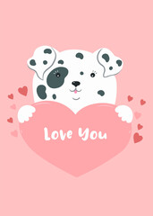The dog holds the heart. Valentine's Day card. Vector graphics.
