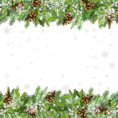 Traditional Christmas seamless template with mistletoe, fir cone, spruce branches, snowflakes isolated on white. Vector frame for festive decoration, announcements, cards, invitations, posters.