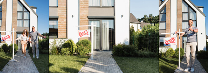 Collage of modern house, happy couple running forward and man showing key near sign with sold lettering, banner