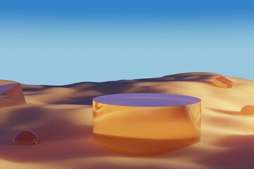 Fototapeta na wymiar Glass podium with figures on the sand in the desert sunset background 3d illustration