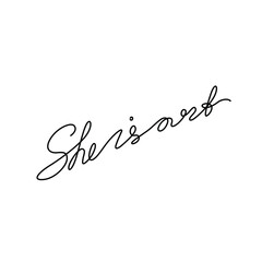 She is art hand lettering, continuous line drawing, small tattoo, print for clothes, t-shirt, emblem or logo design, one single line on a white background, isolated vector illustration.