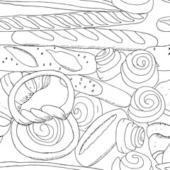 Vector seamless pattern with different kinds of bakery.