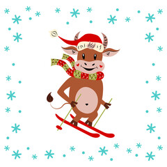 Cute bull skiing and snowflakes. Cartoon character. The symbol of the New Year. Christmas. Winter sport. Copy space. Flat design. Vector. Funny animal. Isolated image white background.