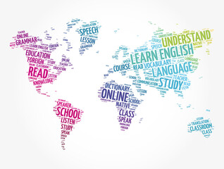 Obraz na płótnie Canvas Learn English word cloud in shape of world map, education concept background