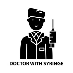 doctor with syringe icon, black vector sign with editable strokes, concept illustration