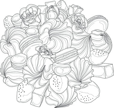 Realistic mix sweets, strawberry fruit and rose flower bouquet sketch template. Vector illustration in black and white for game, background, pattern, decor. Print for fabric. Coloring pape, page, book