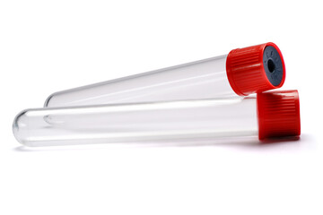 Test tube with red plug isolated on white background