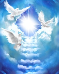 Fototapeta na wymiar The flying three white doves around clouds stairs leading to shining heaven and the background of the clouds in beautiful blue sky 
