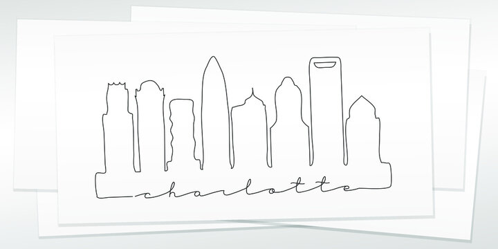 Charlotte, NC, USA Doodle Skyline Hand Drawn. City One Line Art Illustration Landmark. Minimalistic Sketch Pen Background.