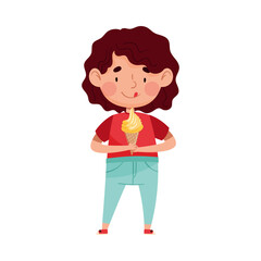 Joyful Girl Character Eating Ice Cream in Waffle Cone Vector Illustration