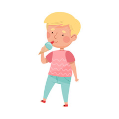Cute Boy Character Eating Ice Cream in Waffle Cone Vector Illustration
