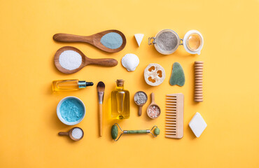 Zero waste self care products with copy space on yellow background.
Eco-friendly bathroom beauty products for skin care and body care with blank space on color background