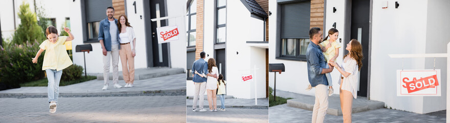 Fototapeta premium Collage of smiling daughter in arms of father, running and standing with family near house and sign with sold lettering, banner