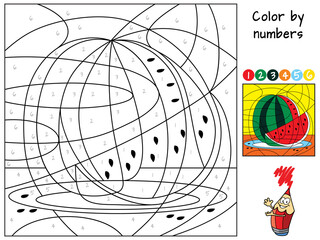 Watermelon on a plate. Color by numbers. Coloring book. Educational puzzle game for children. Cartoon vector illustration