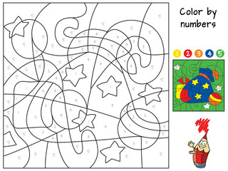 Bag with christmas gifts. Color by numbers. Coloring book. Educational puzzle game for children. Cartoon vector illustration
