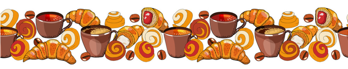 Endless border of coffee and tea cups, coffee beans, croissants and buns on a white background. Drink and pastry.