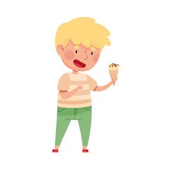 Joyful Boy Character Holding Ice Cream in Waffle Cone Vector Illustration
