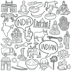 India doodle icon set. Indian Vector illustration collection. Culture Banner Hand drawn Line art style.