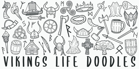 Vikings Life, doodle icon set. Warriors Style Vector illustration collection. Banner Hand drawn Line art style.