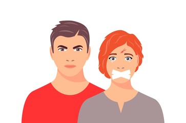 Fototapeta premium The concept of abuse or sexual assault. Woman in tears who is forbidden to speak. Social problems, aggression and abuse against women. Kidnapping or Domestic Violence. Vector illustration.