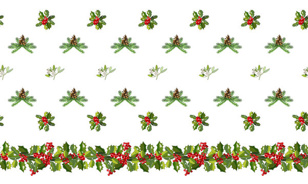 Horizontal seamless pattern with cone, fir branches, Holly, poinsettia