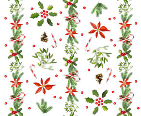 Seamless pattern with cone, fir branches, Holly, poinsettia, caramel cane