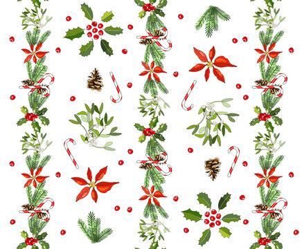 Seamless pattern with cone, fir branches, Holly, poinsettia, caramel cane
