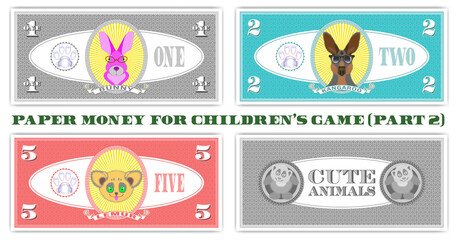 Set. Paper money for games of children. Banknotes of denominations 1, 2, 5 and reverse. Bunny, kangaroo, lemur. Part two. EPS10