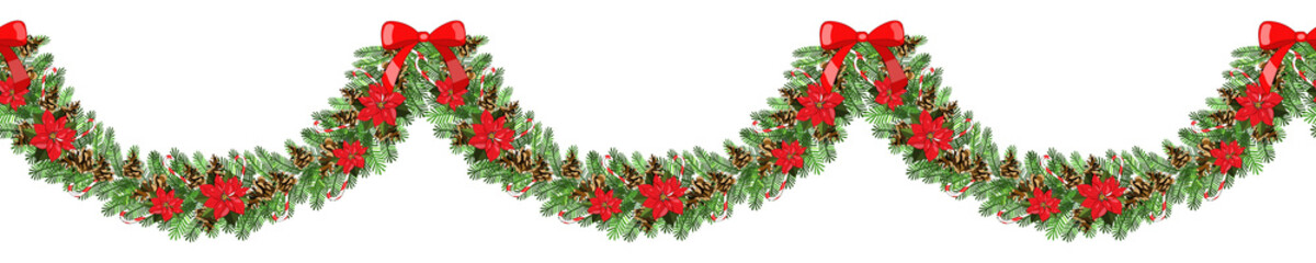 Fototapeta na wymiar Vector festive endless garland whith cone, branch, poinsettia