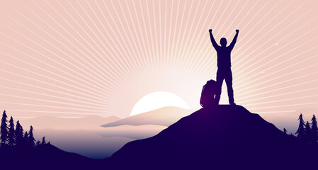 Personal triumph - Silhouette of man on top in winner pose, raising hands with sunrise in background. Achievement and success concept. Vector illustration.