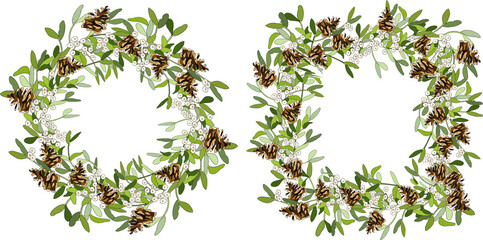 Vector round frame and seamless border with mistletoe