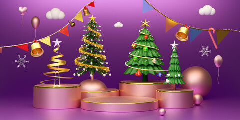 Podium empty with Chrismas tree and ornaments in purple or violet composition for website or poster or Happiness cards,Christmas banner and festive New Year, realistic 3d illustration or 3d render