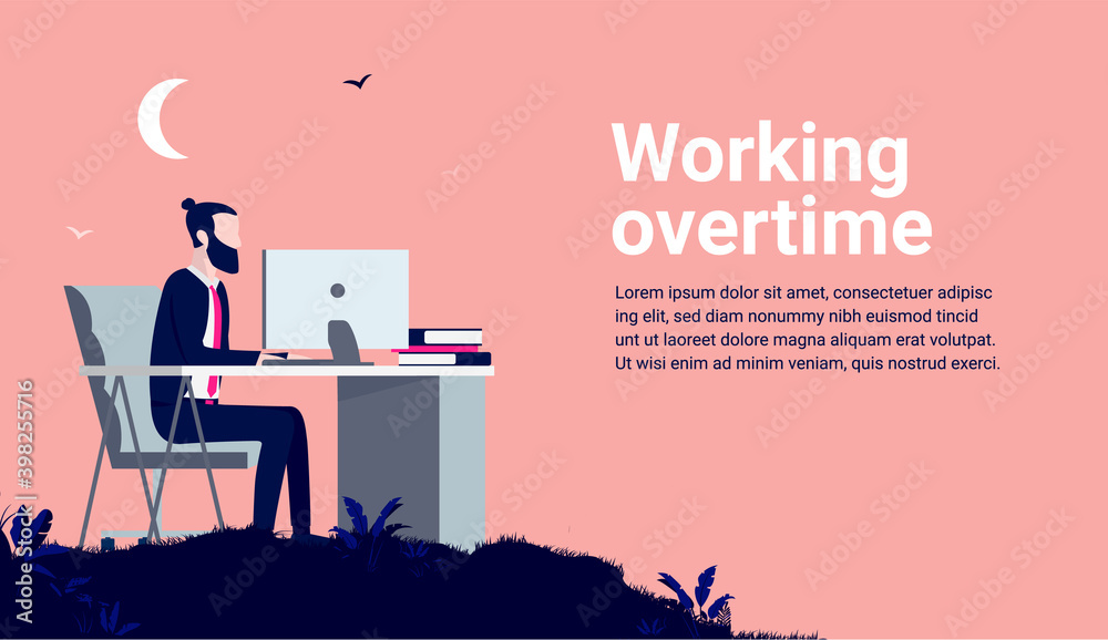 Aufkleber working overtime - businessman with desk doing work late at night under half moon. copy space for te