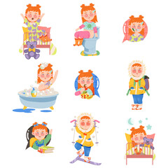 Little Red Haired Girl Waking up, Bathing and Eating Breakfast Vector Set