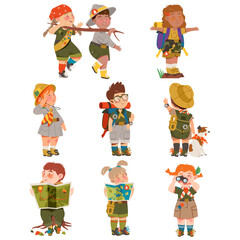 Boy and Girl Junior Scouts Wearing Khaki Shirt Examining Map and Looking in Binocular Vector Set