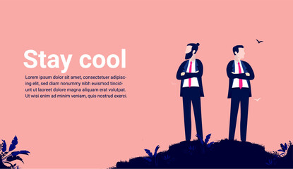 Business stay cool - Two men on hilltop, posing and looking awesome. Brand image and personality concept. Vector illustration.