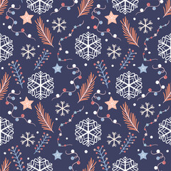 Winter seamless pattern with snowflakes and branches, seasonal design