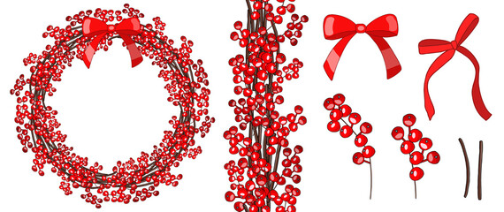 Hand drawn wreath with red berries. Vector hand drawn round frame