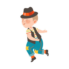 Freckled Boy in Wide Brimmed Hat Dancing and Moving to Music Vector Illustration